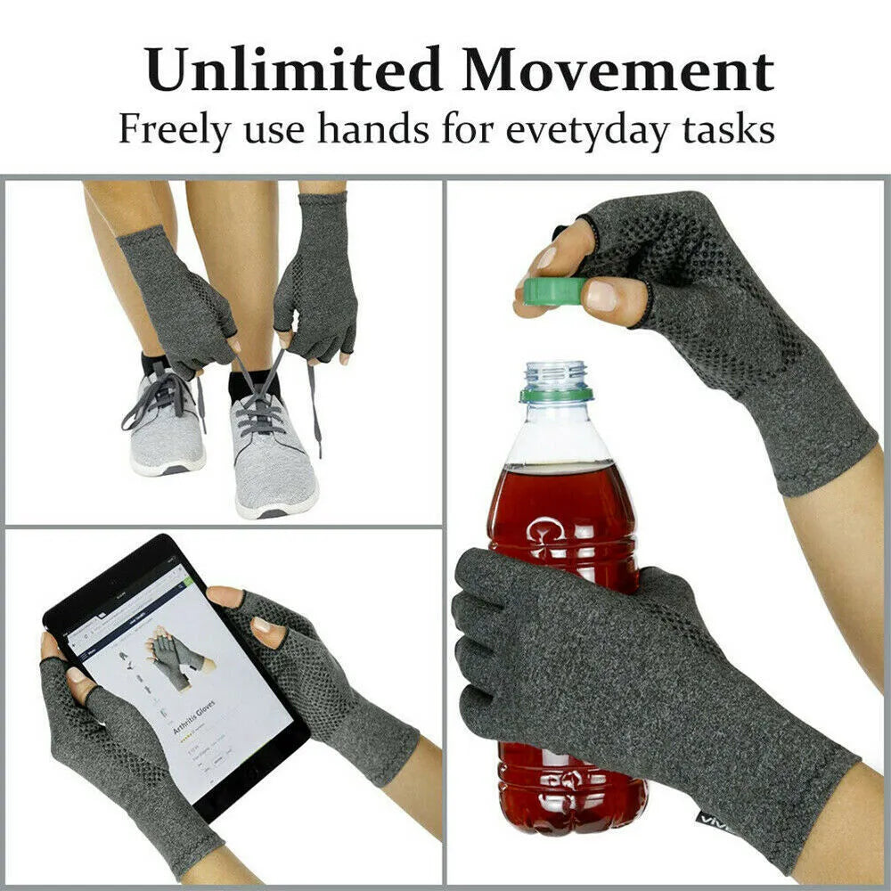Grey half-finger joint compression gloves with anti-slip palm surface and breathable fabric