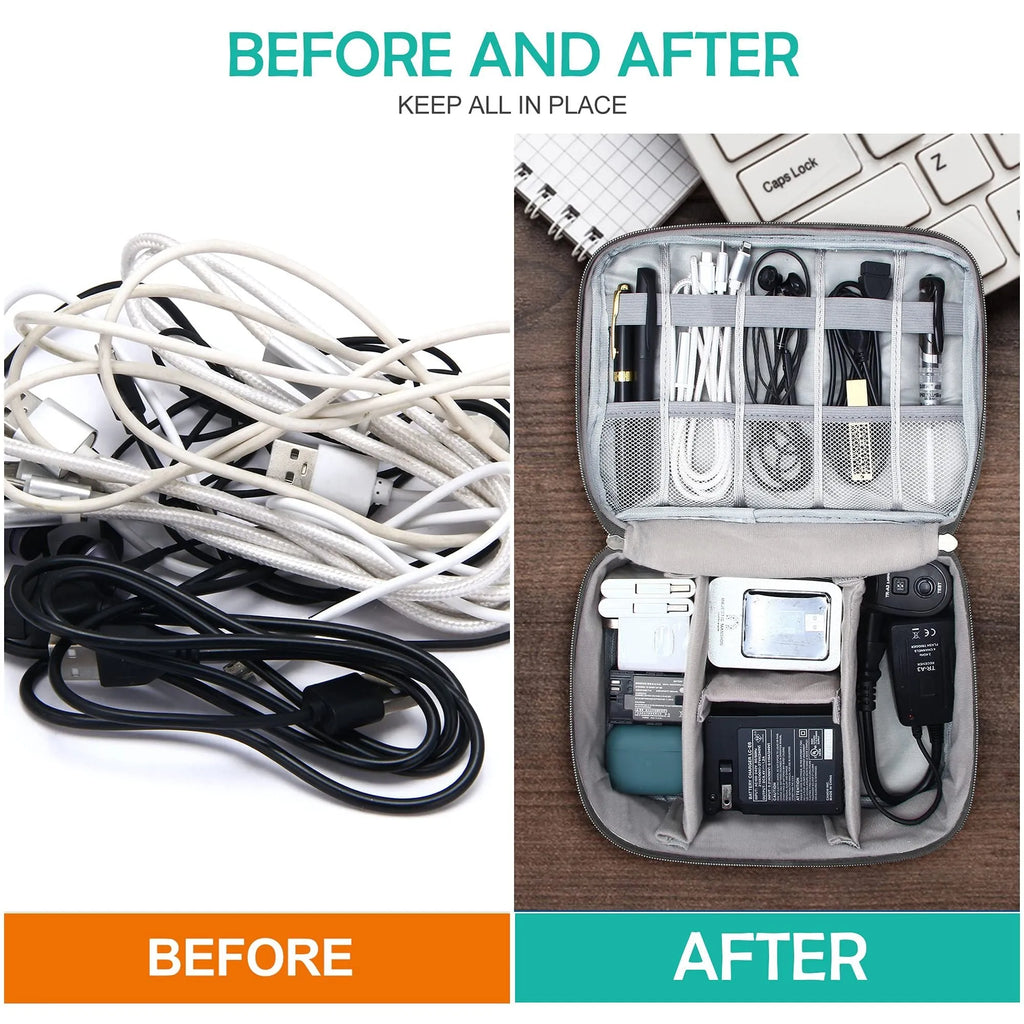 Black electronics organiser case open to show mesh pockets, elastic loops and removable padded dividers inside.