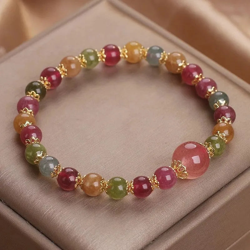 Natural tourmaline and strawberry quartz round bead bracelet, 10mm unisex handmade gift