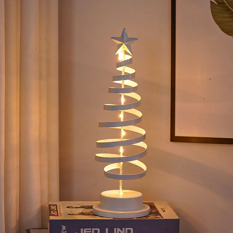 LED Christmas tree spiral light ornament in iron, golden finish, 33cm tall, warm white glow on a tabletop