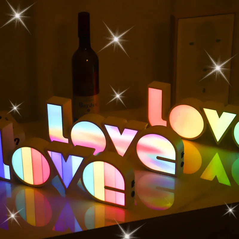 LED LOVE light with rainbow lampshade, plastic build, USB cable, 35.5x13.5cm, romantic bedroom decor