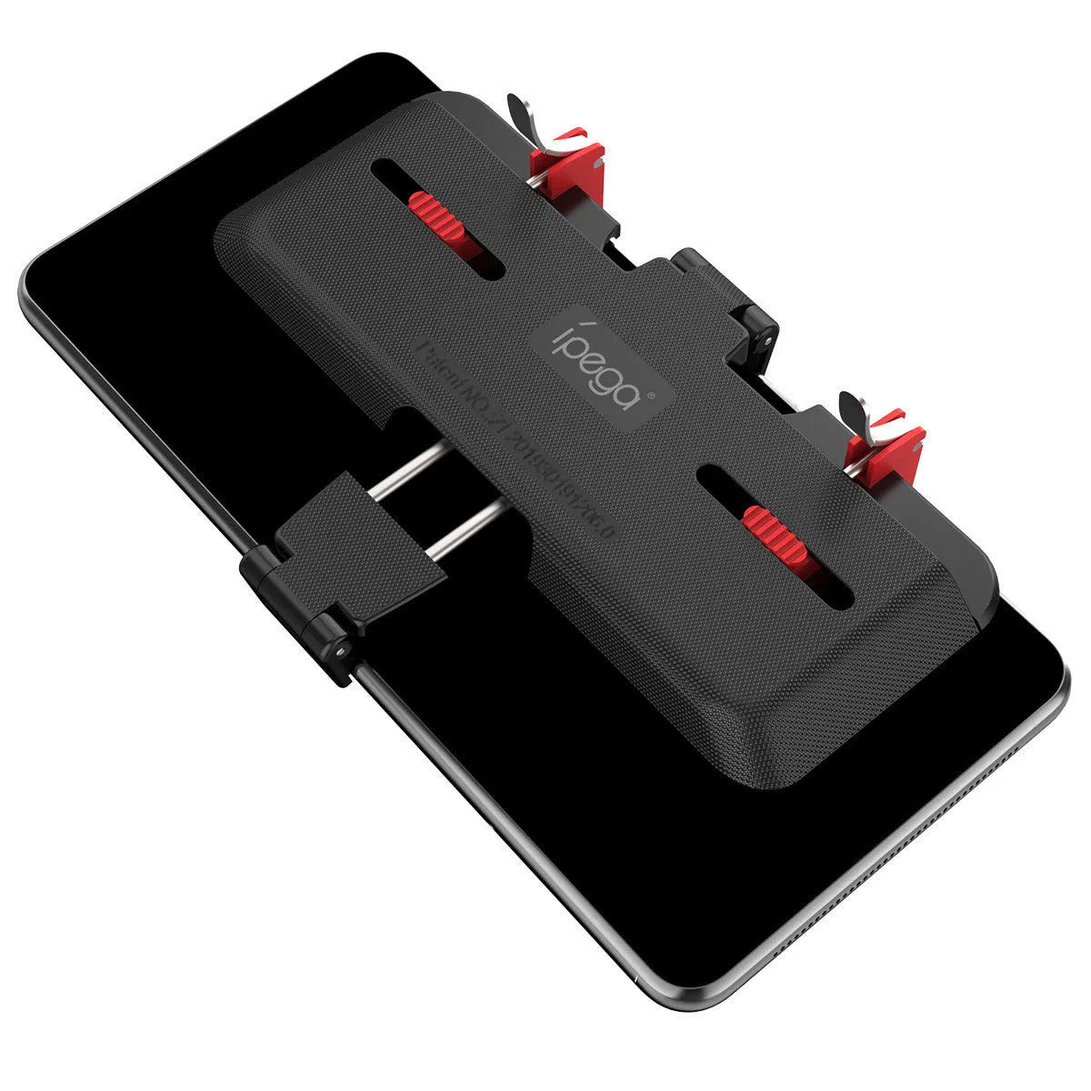 Black phone gaming trigger bracket stand with a metal handle and adjustable trigger for mobile shooting games.