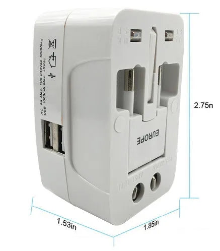 Universal travel plug converter measuring 73x50x39mm for international mobile phone charging
