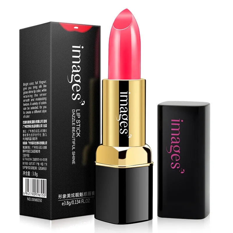 Moisturising lipstick in a case, showing colour range including coral red, bright orange, and barbie pink.