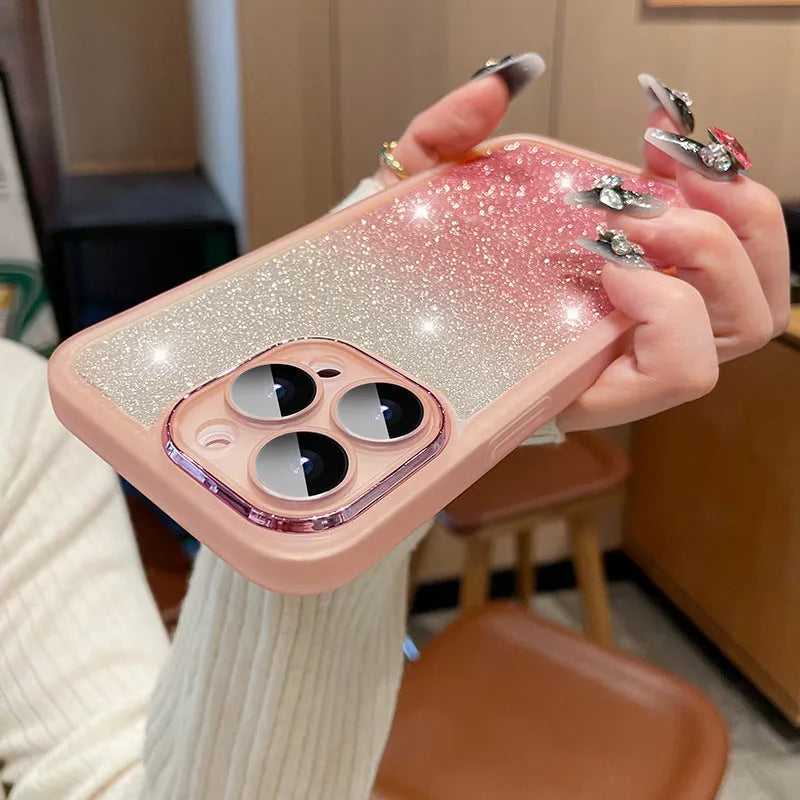Ultra-thin transparent glitter iPhone case showing gradient pink and silver colours on a phone.