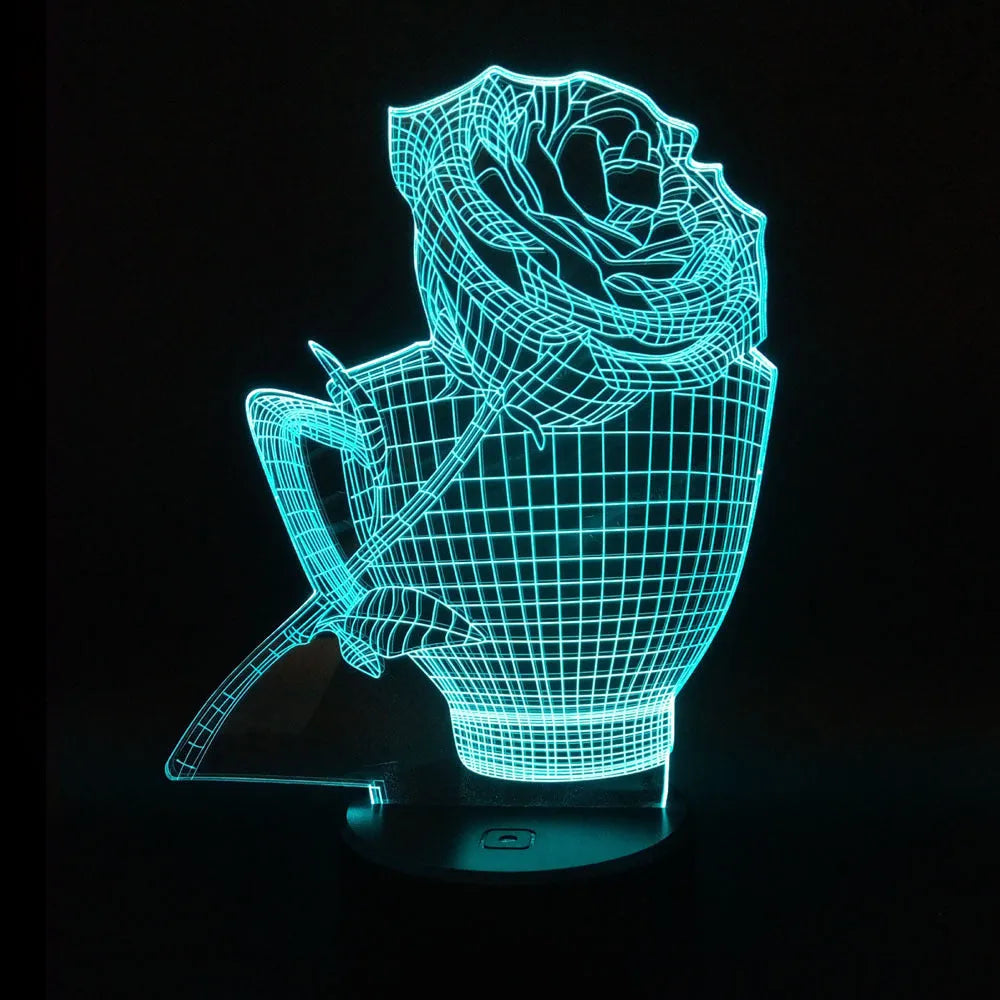 3D rose flower LED night light showing acrylic design on black ABS base, displaying blue colour.