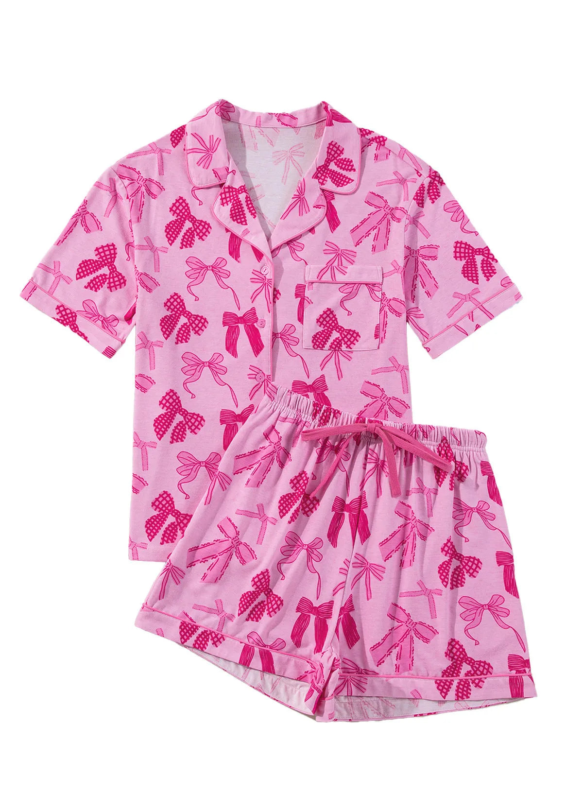 Pink women's bow print polyester two-piece pajama set on a hanger