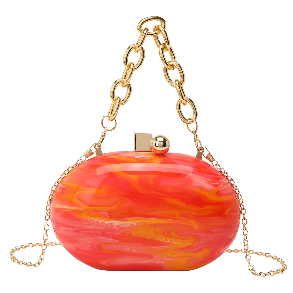Oval acrylic chain crossbody handbag in pearlescent white with chain strap and hard shell structure