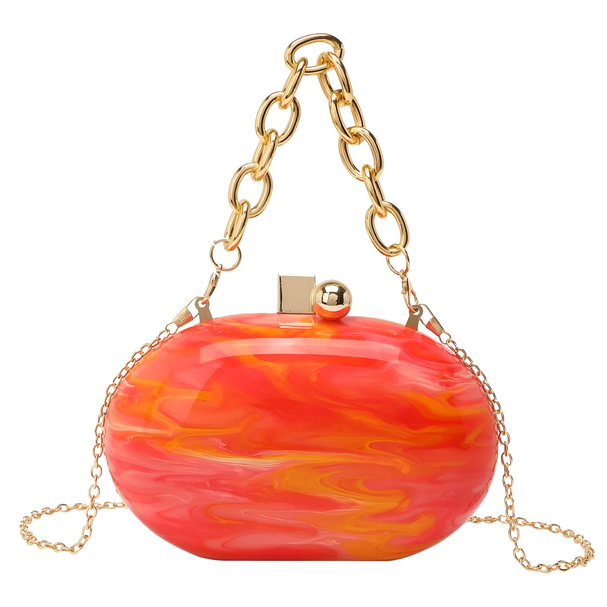 Oval acrylic chain crossbody handbag in pearlescent white with chain strap and hard shell structure