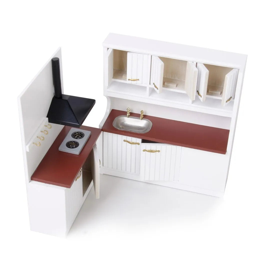 White birch wood dollhouse kitchen cabinet set with sink and stove cabinets and working doors