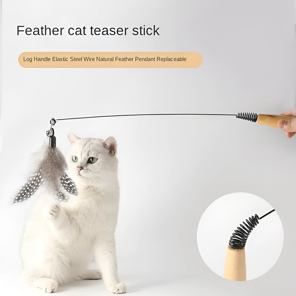 Cat teasing stick with wooden handle, spring, feather head and bell, available in multiple colours