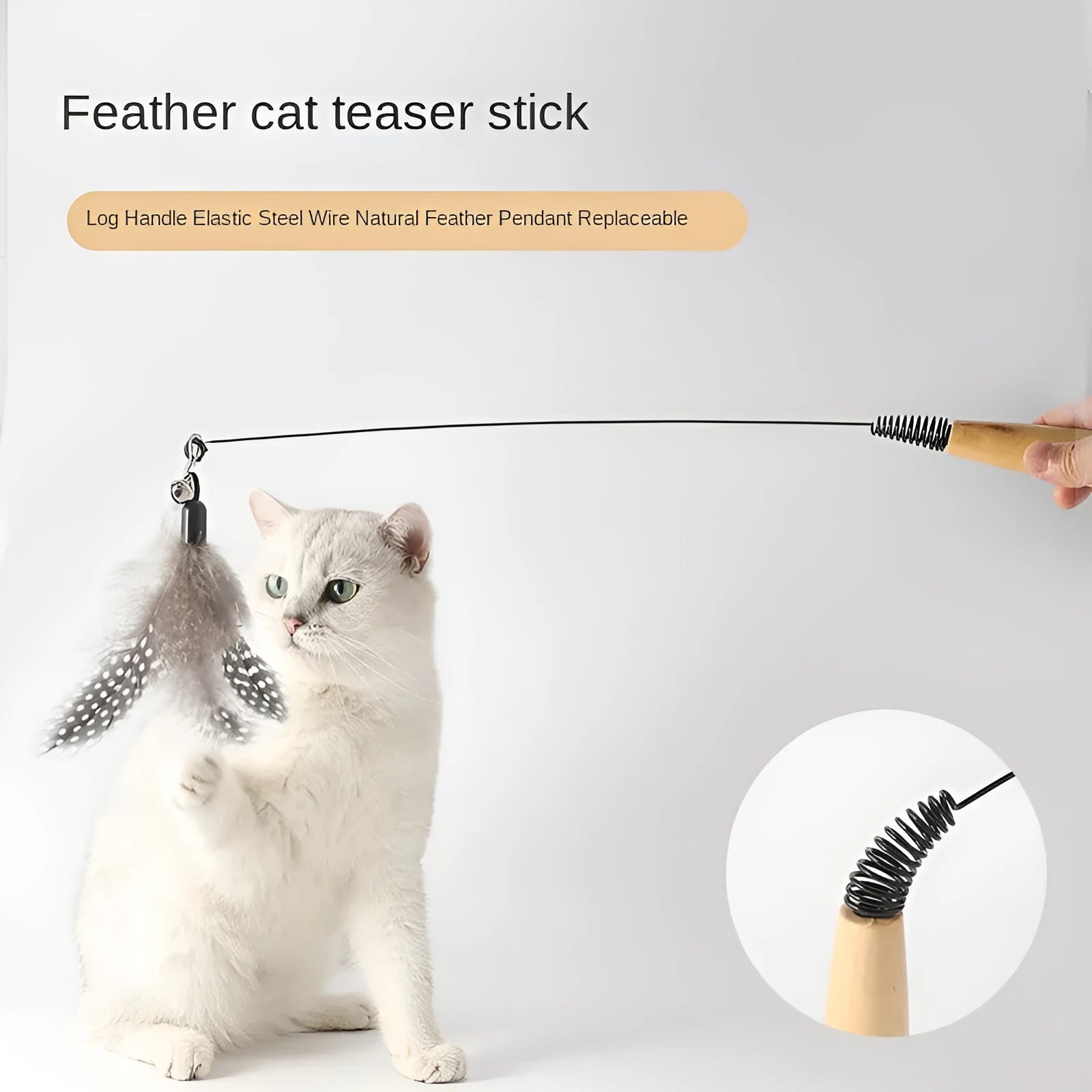 Cat teasing stick with wooden handle, spring, feather head and bell, available in multiple colours