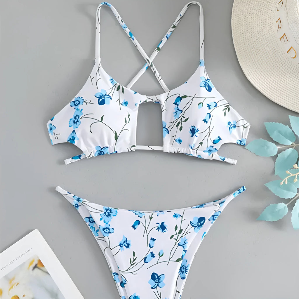Women's floral tie-neck triangle swimsuit set with polyester-lined top and shorts in multicolour