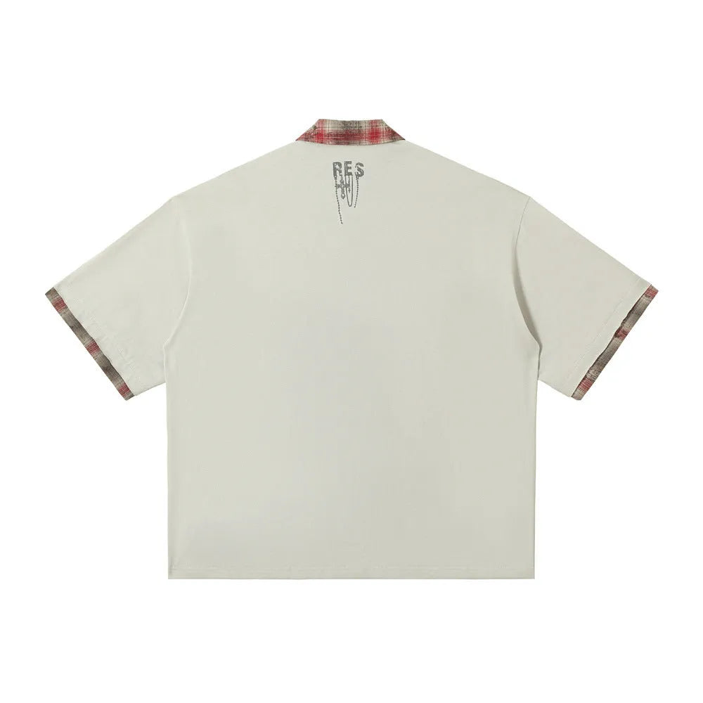 Men's loose asymmetric short-sleeved cotton top with graffiti printing on lapel in blue or red