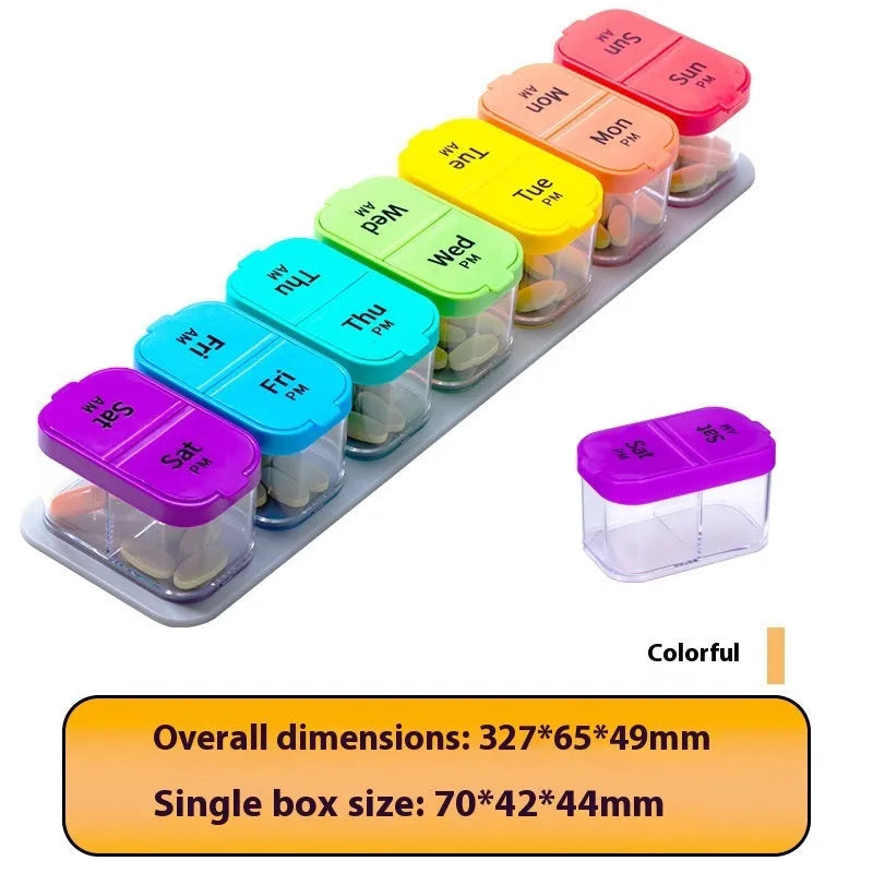 White and rainbow coloured plastic pill organiser with 14 removable compartments, shown with lid open.