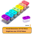 White and rainbow coloured plastic pill organiser with 14 removable compartments, shown with lid open.
