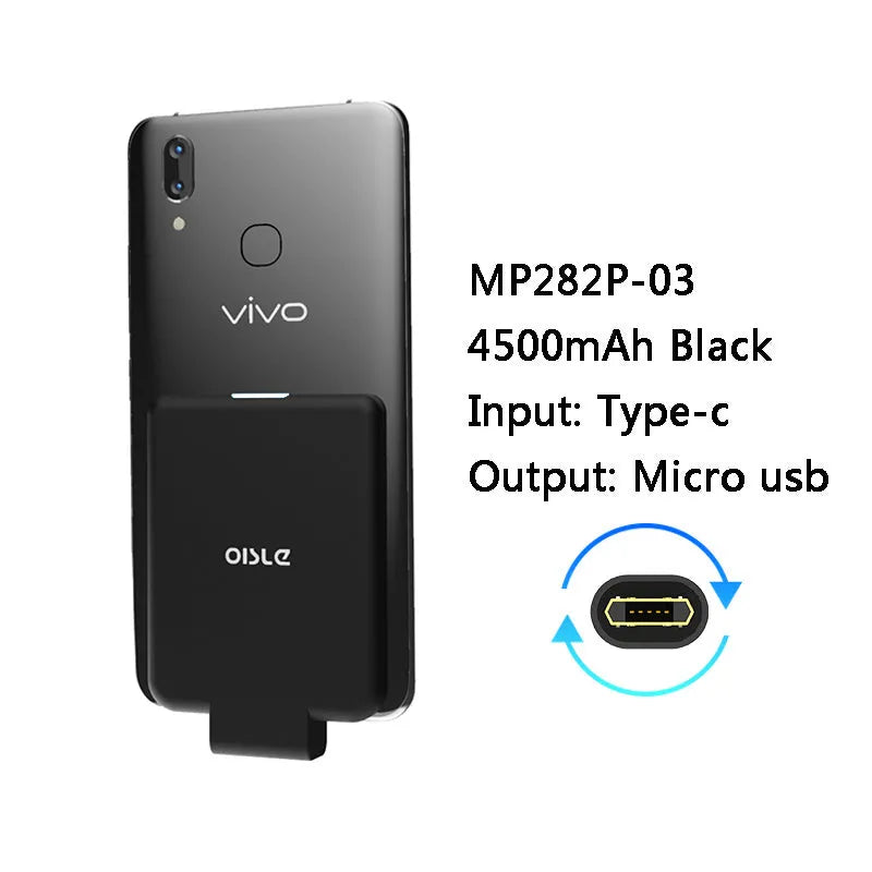 4500mAh back clip battery for iPhone Android Type-C in black, compact size 90mm x 61mm x 9mm