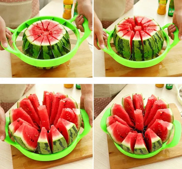 Multi-function fruit slicer cutting watermelon into 12 uniform slices with stainless steel blade and green PP plastic frame