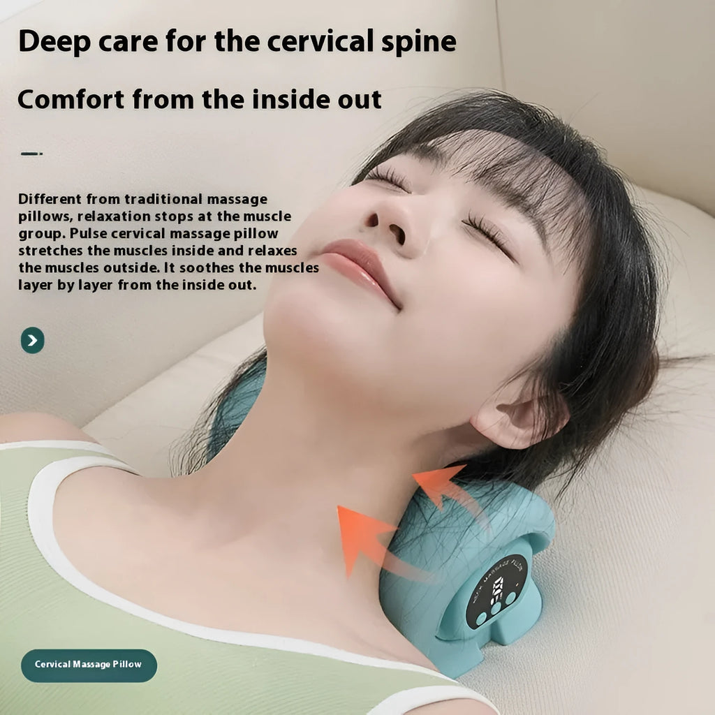 Blue-green cervical spine massage pillow with EMS pulse massage, hot compress and vibration functions