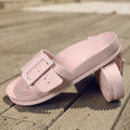 Women's grey blue EVA flip flop slippers with silver buckle closure on soft sole