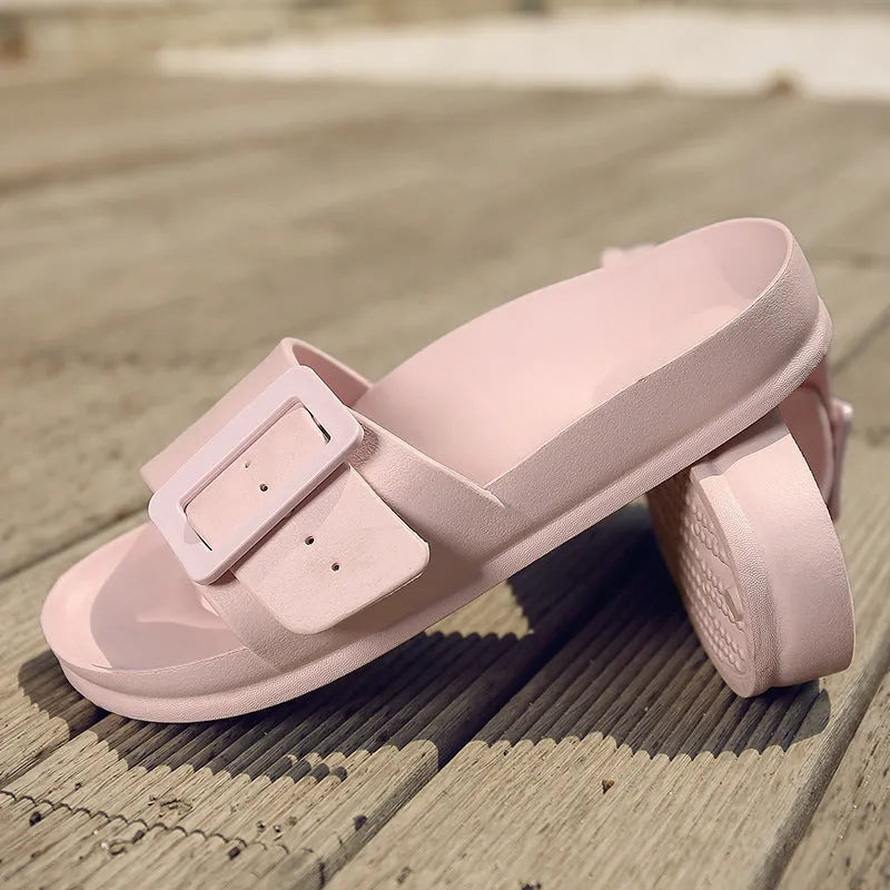 Women's grey blue EVA flip flop slippers with silver buckle closure on soft sole