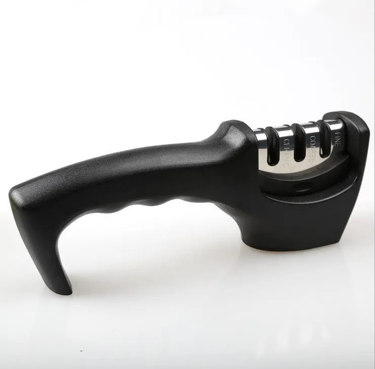 Professional knife sharpener with three-level sharpening system and anti-slip rubber feet in black on a white background