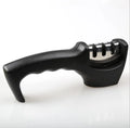 Professional knife sharpener with three-level sharpening system and anti-slip rubber feet in black on a white background