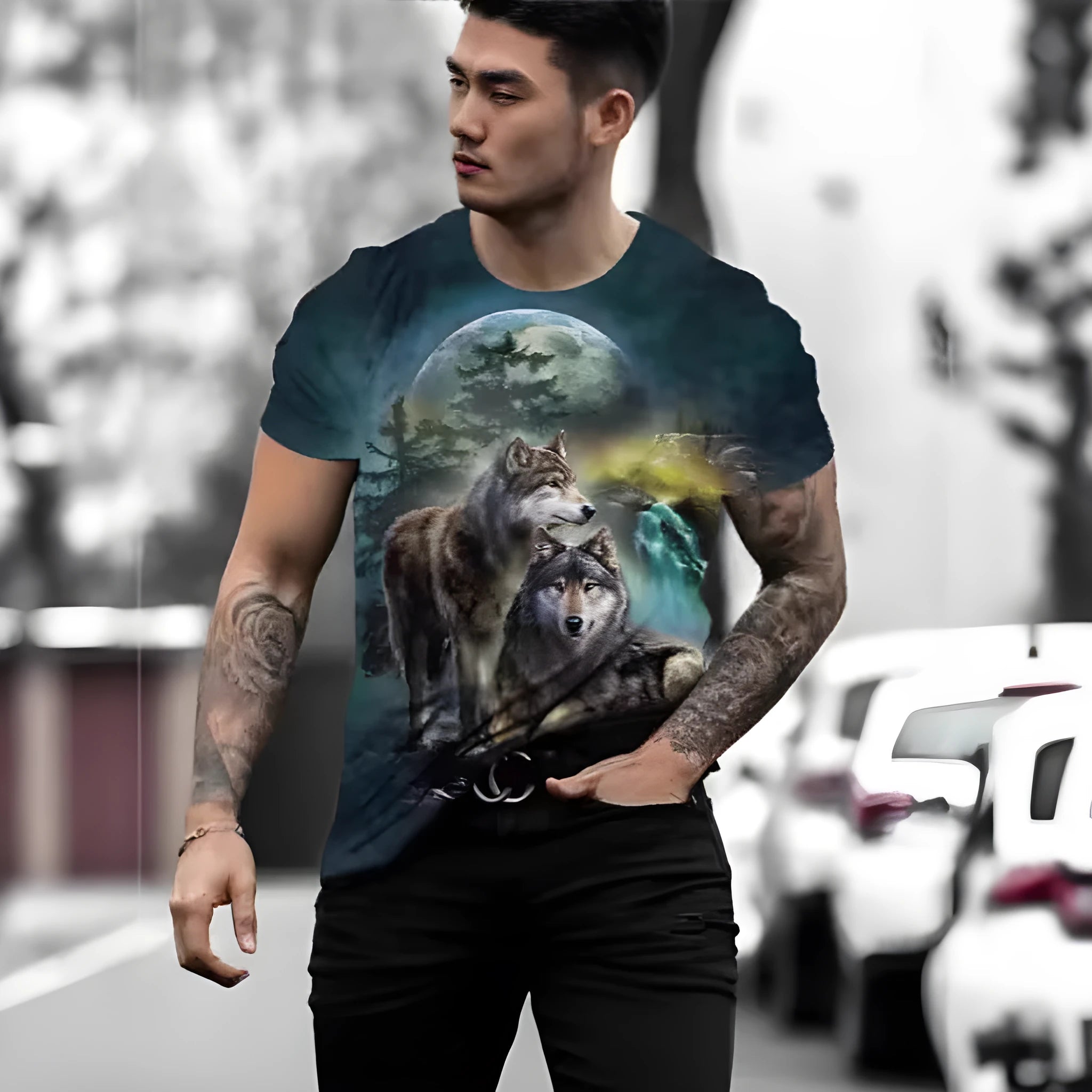 Man wearing a short-sleeved grey t-shirt with a detailed retro 3D digital print of a wild animal on the front.