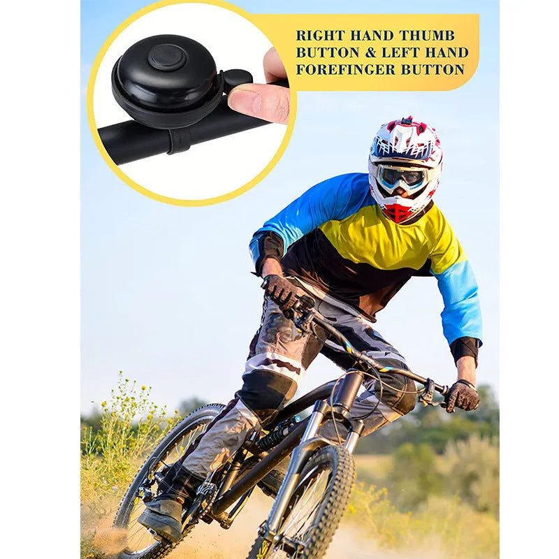 Black ABS bicycle flat bell 58mm diameter on handlebar with fixture for mountain bike