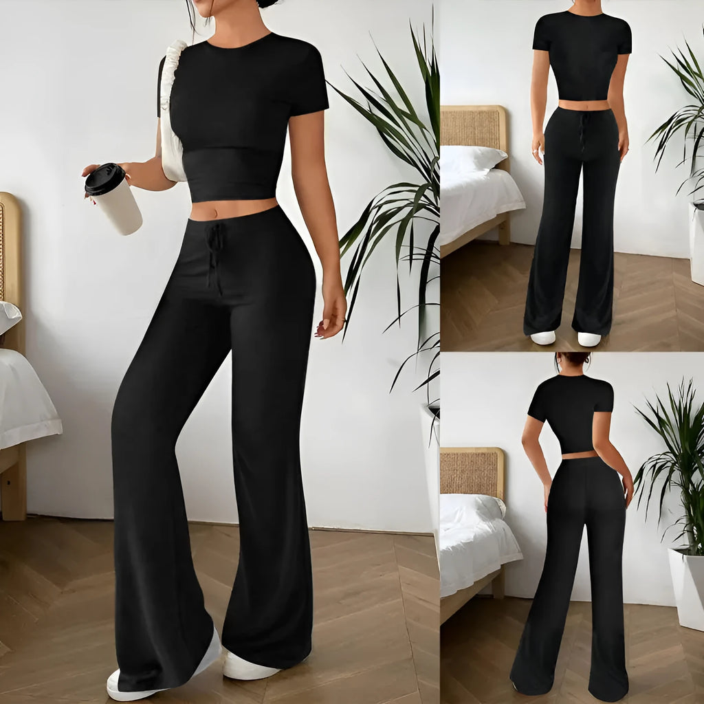 Black high waist trousers and short sleeve t-shirt women's suit set
