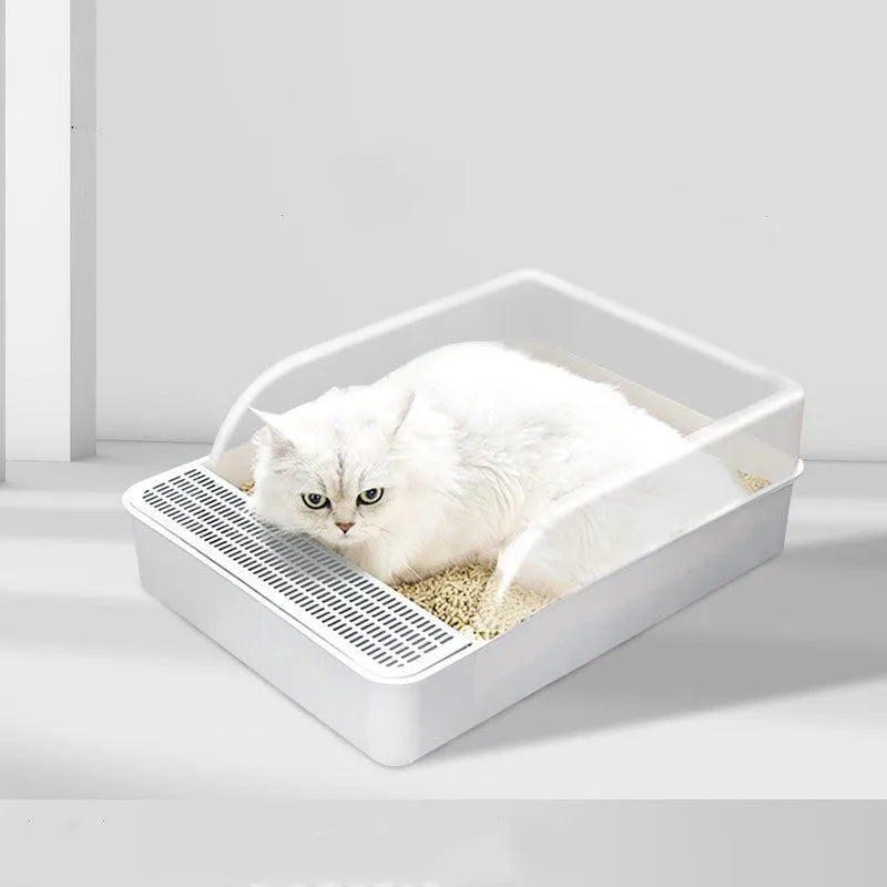 White semi-enclosed cat litter box size S made of PP plastic on a clean floor
