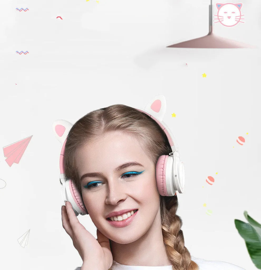 Pink white luminous Bluetooth headset with head-mounted design and protein ear pads