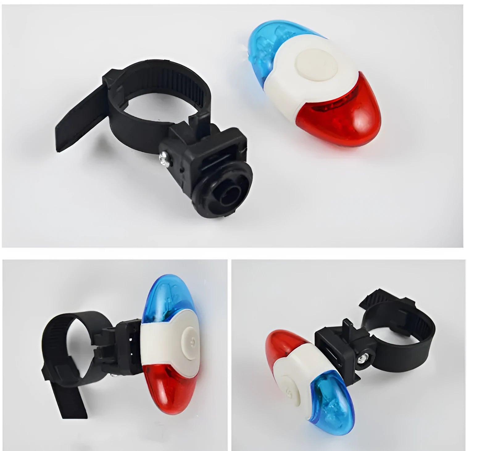 Red and blue LED bicycle tail light with an adjustable mounting base.