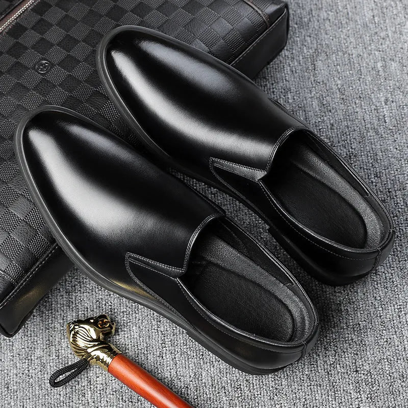 Men's black low top slip-on business casual leather shoes with rubber sole