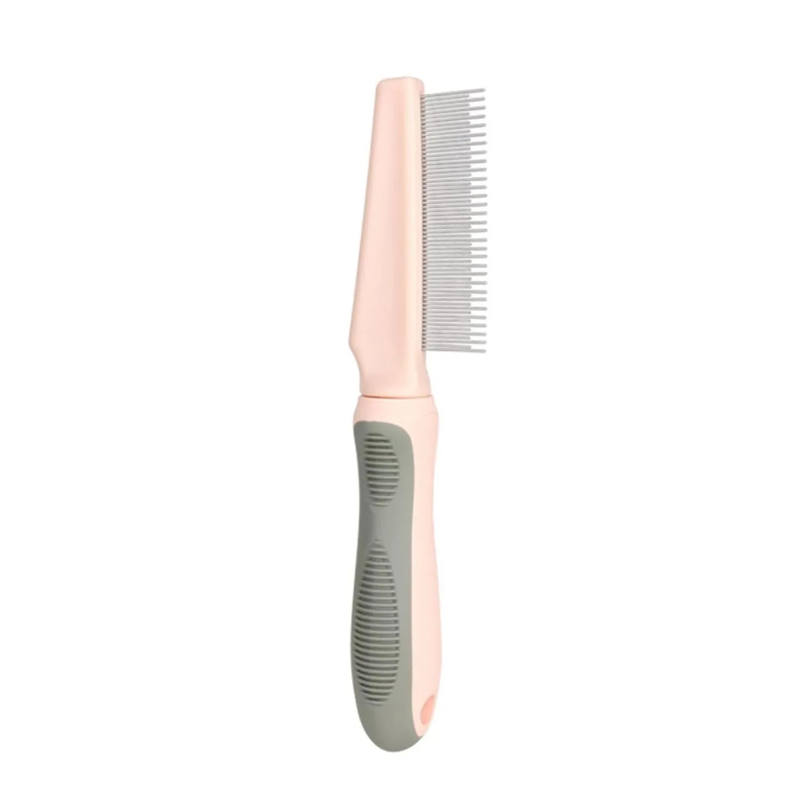 Pet detangler comb with round smooth teeth and rubber handle, available in blue or pink, for cat and dog grooming