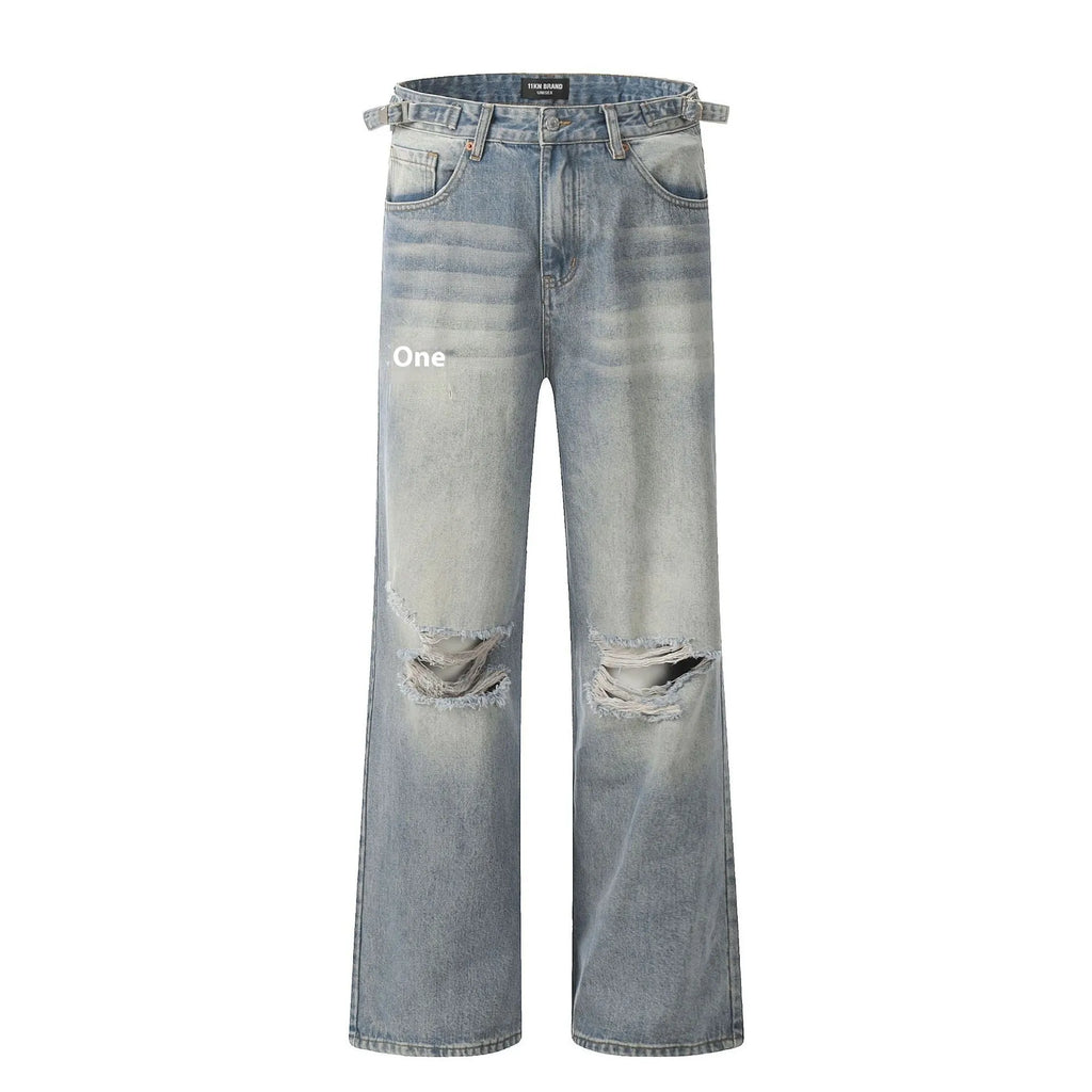 Men's blue straight-leg retro jeans with zipper fly in cotton blend fabric