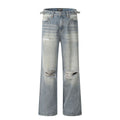 Men's blue straight-leg retro jeans with zipper fly in cotton blend fabric