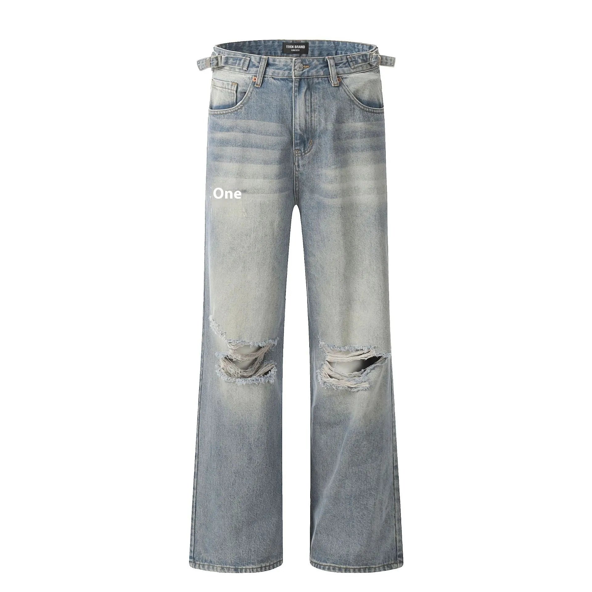 Men's blue straight-leg retro jeans with zipper fly in cotton blend fabric
