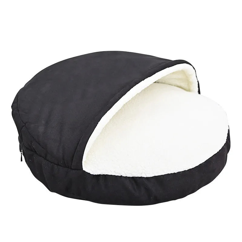 Brown cloth dog kennel with removable washable cover shown in S size option