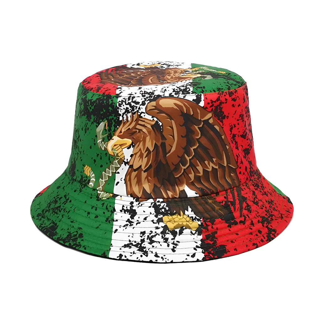 Retro eagle pattern bucket hat in size M with dome crown and polyester fabric