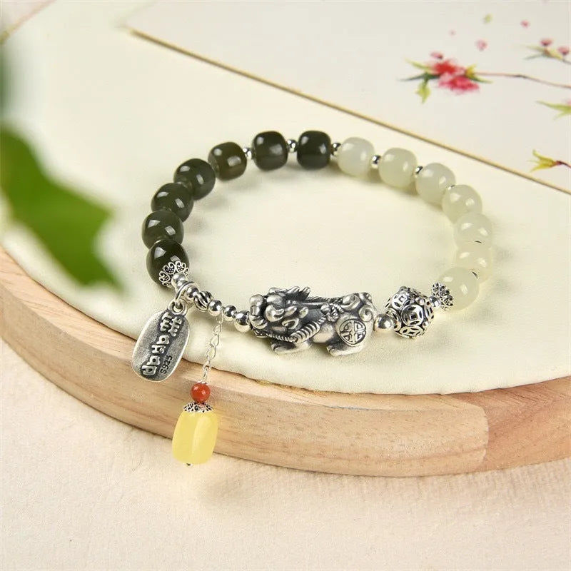 Retro women's pure silver coin bracelet with natural Hetian jade pendant, 8x7mm, handcrafted