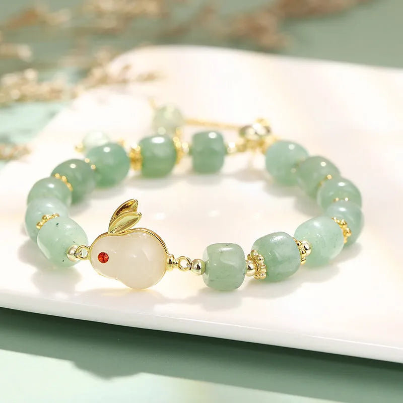 Personality New Temperament Rabbit Bracelet in green aventurine or strawberry quartz natural stone with gold-plated copper accents