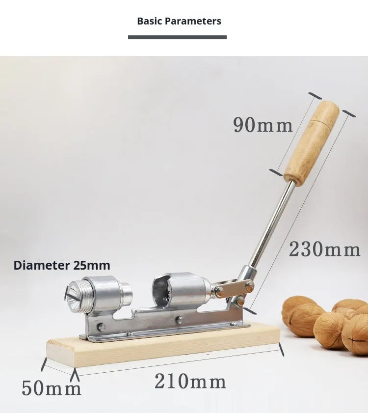 Mechanical walnut cracker with wood body and aluminium mechanism on a table
