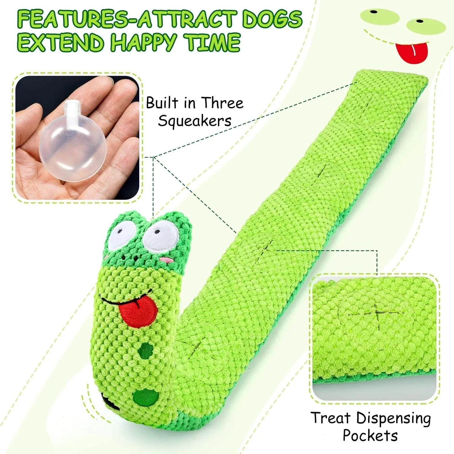 Squeak dog puzzle toy shown in snail and stick shapes with hidden food holes for foraging games