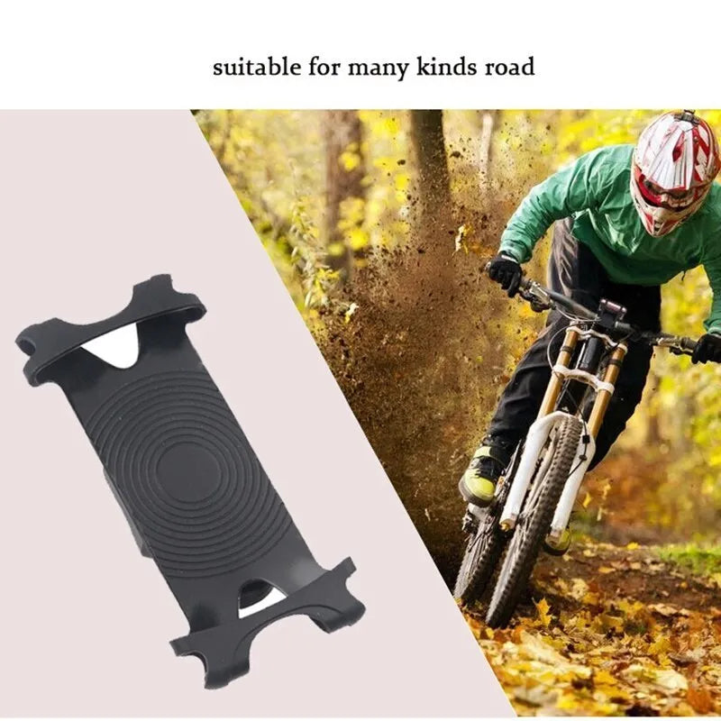 Bicycle phone holder with tough silicone strap and pull buckle, on handlebar, in black