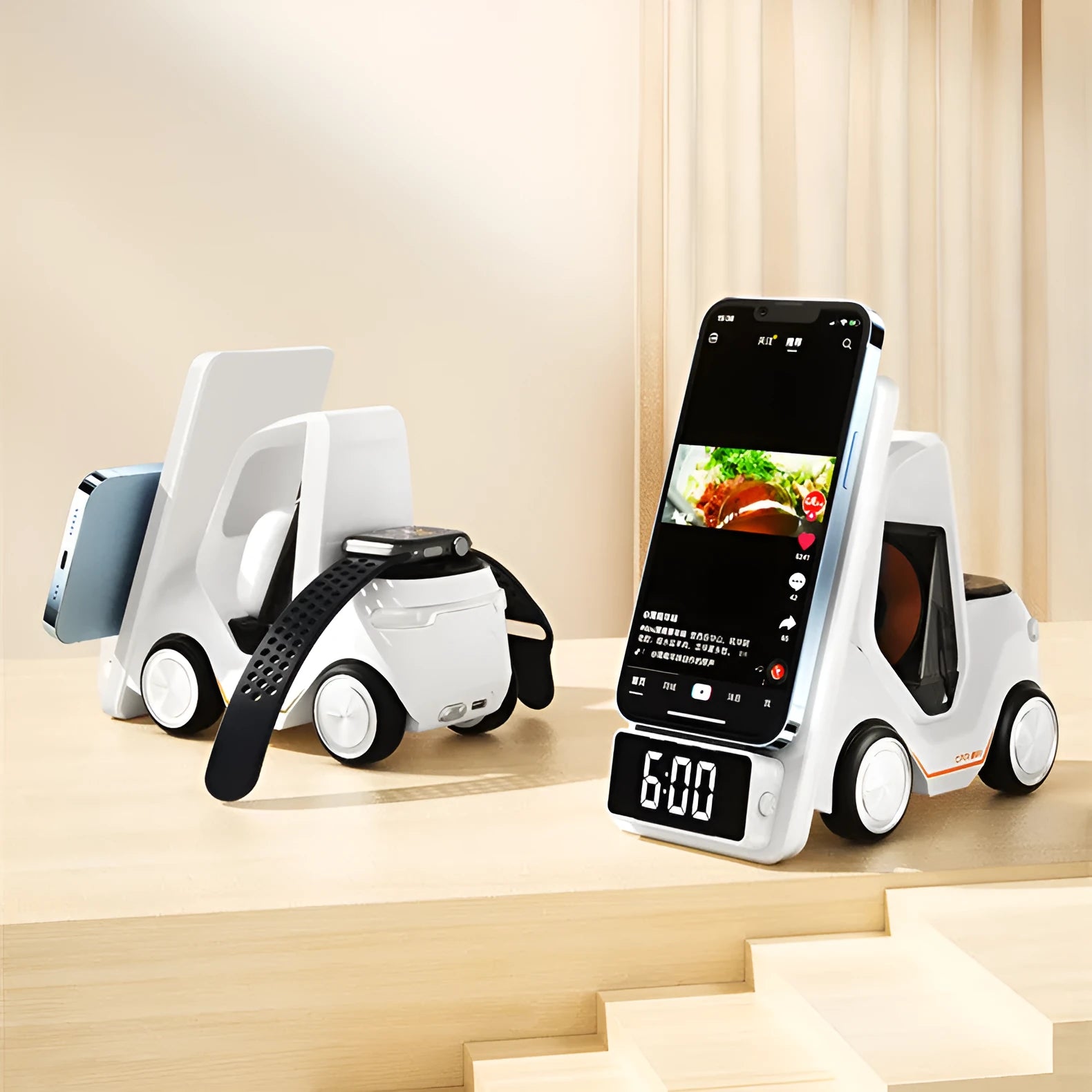 15W wireless charging bracket in grey, white, yellow or orange colours showing three devices charging simultaneously