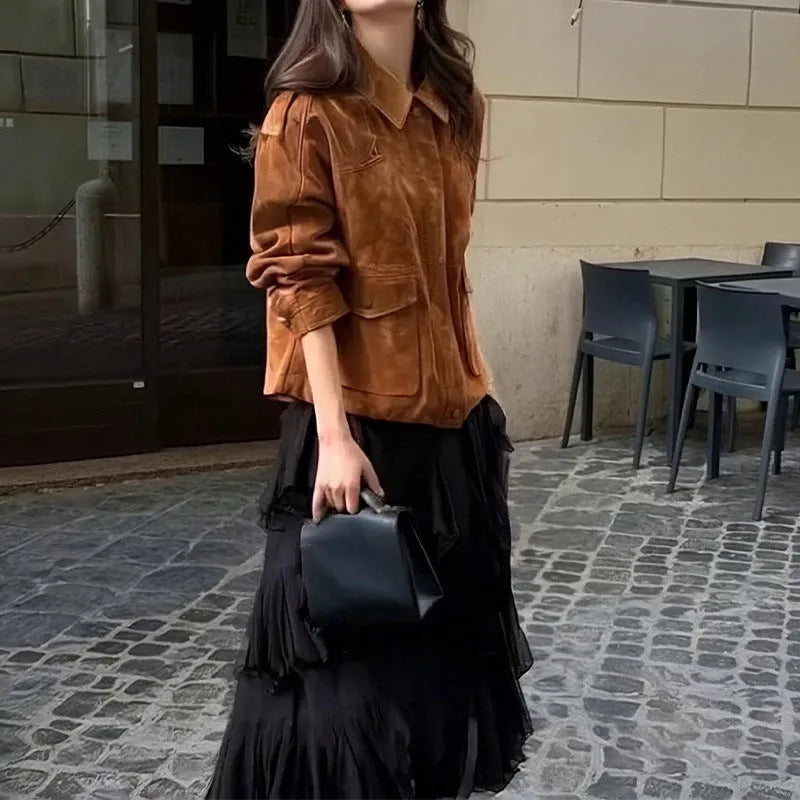 Women's street chic suede coat in bright brown colour with regular sleeves