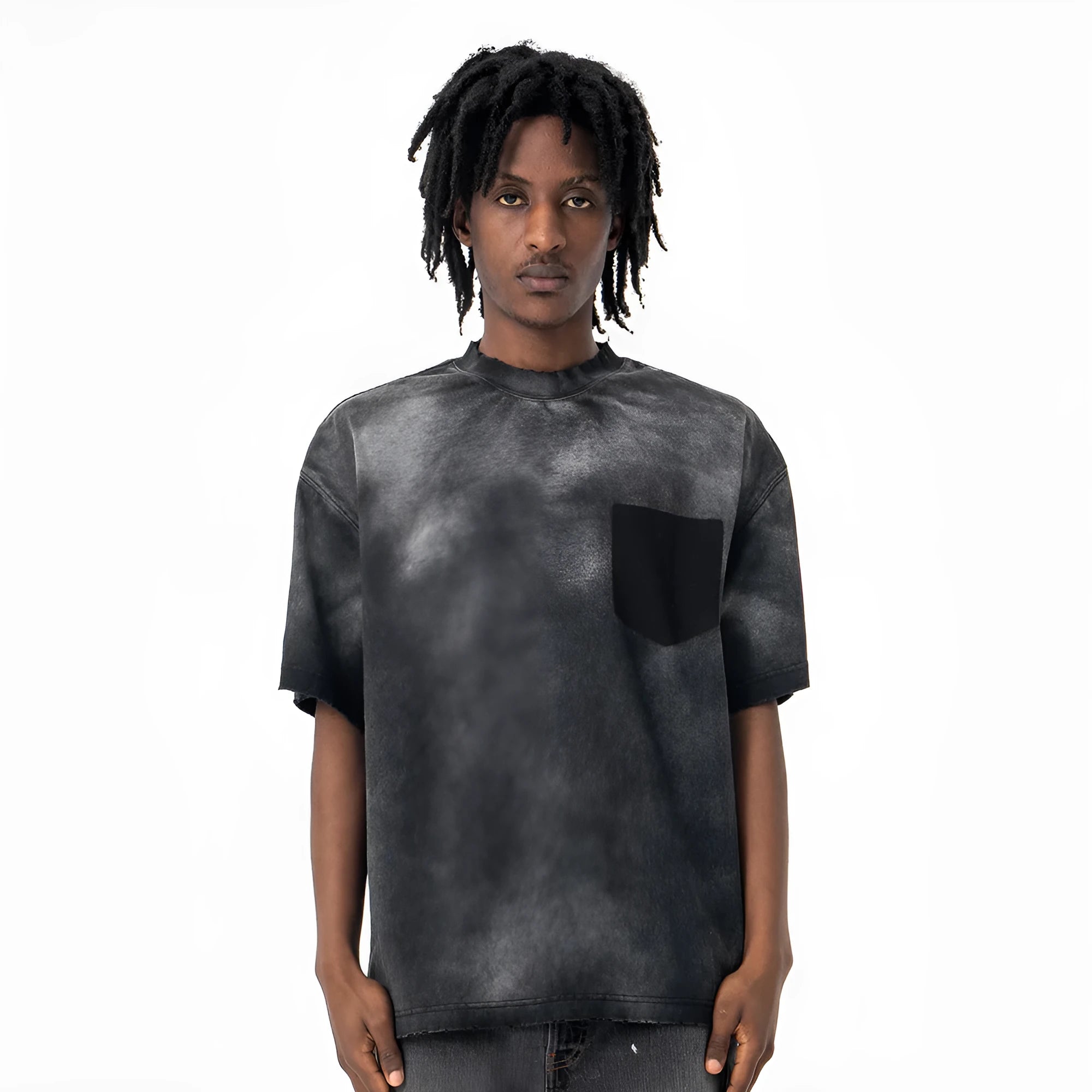 Black men's loose fit cotton T-shirt with printed letters and drop-shoulder sleeves