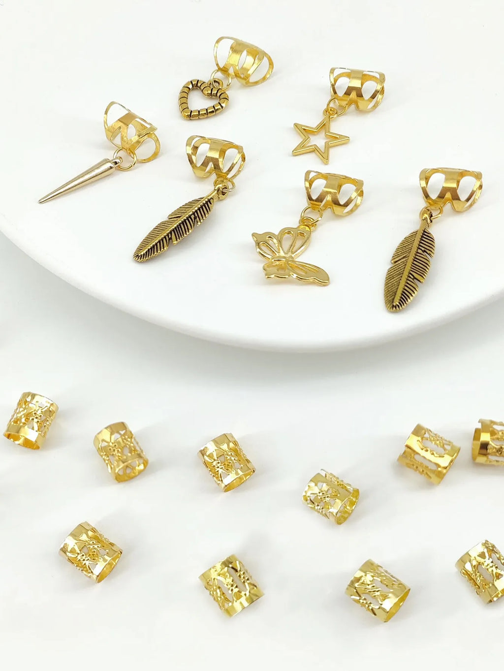 Gold antique-style leaves alloy dirty braid hair rings pack of 26 for hip hop hairstyles