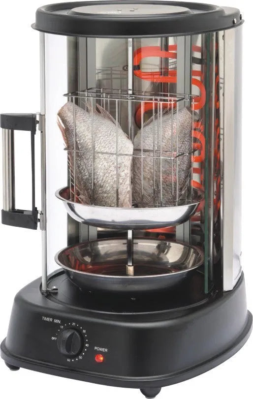 Black 21L electric rotisserie with glass door, control dials, and stainless steel interior